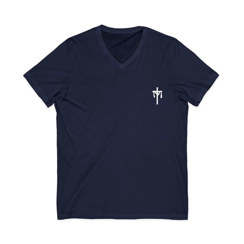Christian V-Neck Tee — “It Is Finished!” No more sacrifices required, ALL PAID IN FULL.