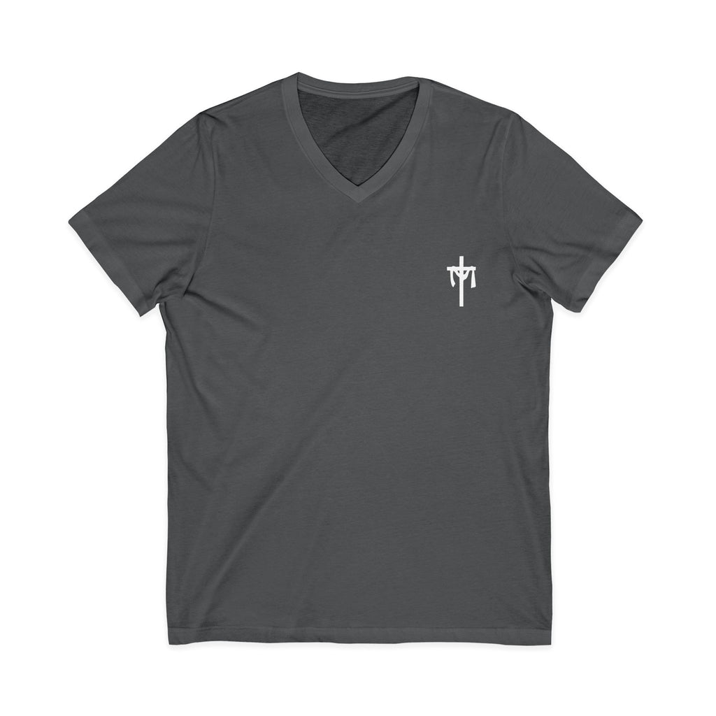 Christian V-Neck Tee — “It Is Finished!” No more sacrifices required, ALL PAID IN FULL.