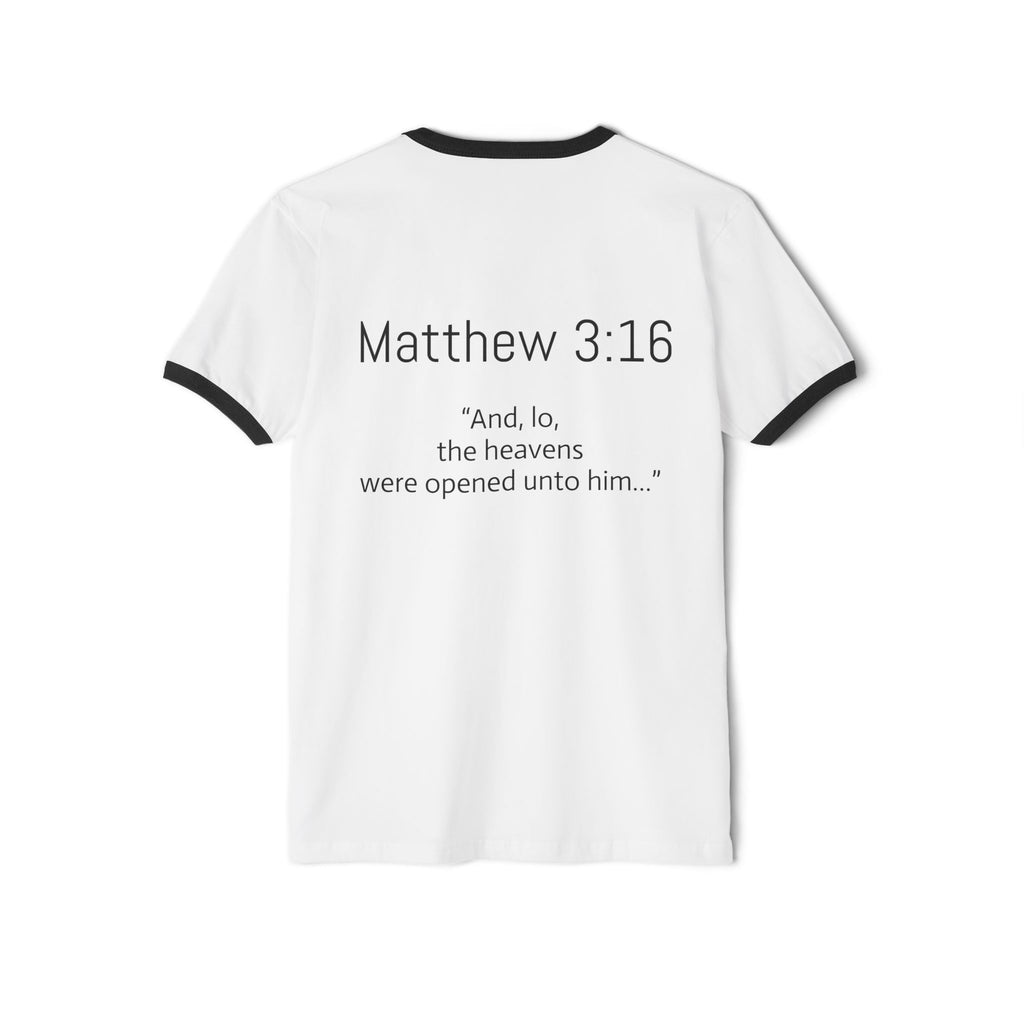 Ringer T-Shirt — Matthew 3:16 'And, lo, the heavens were opened unto him' Christian Faith Tee