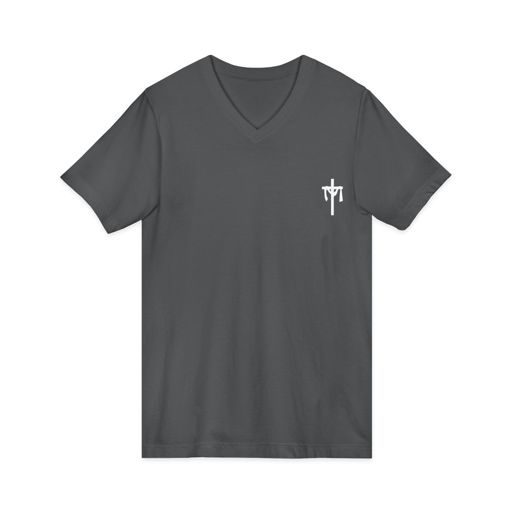 Christian V-Neck Tee — “It Is Finished!” No more sacrifices required, ALL PAID IN FULL.