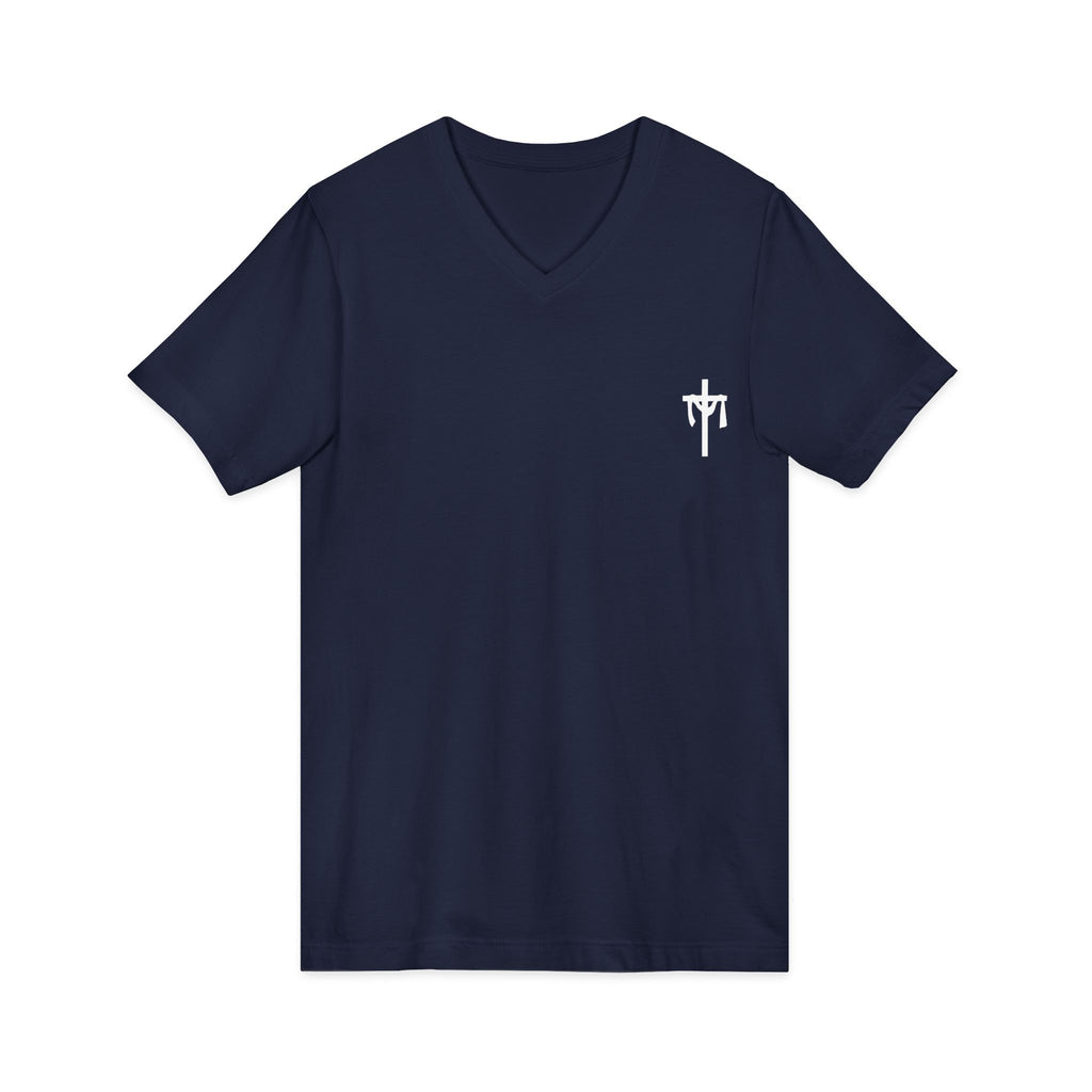 Christian V-Neck Tee — “It Is Finished!” No more sacrifices required, ALL PAID IN FULL.