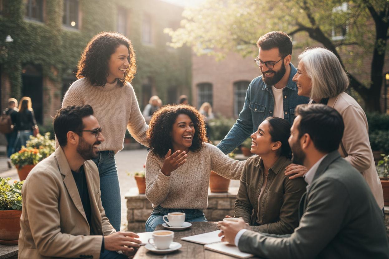 People in discussion smiling